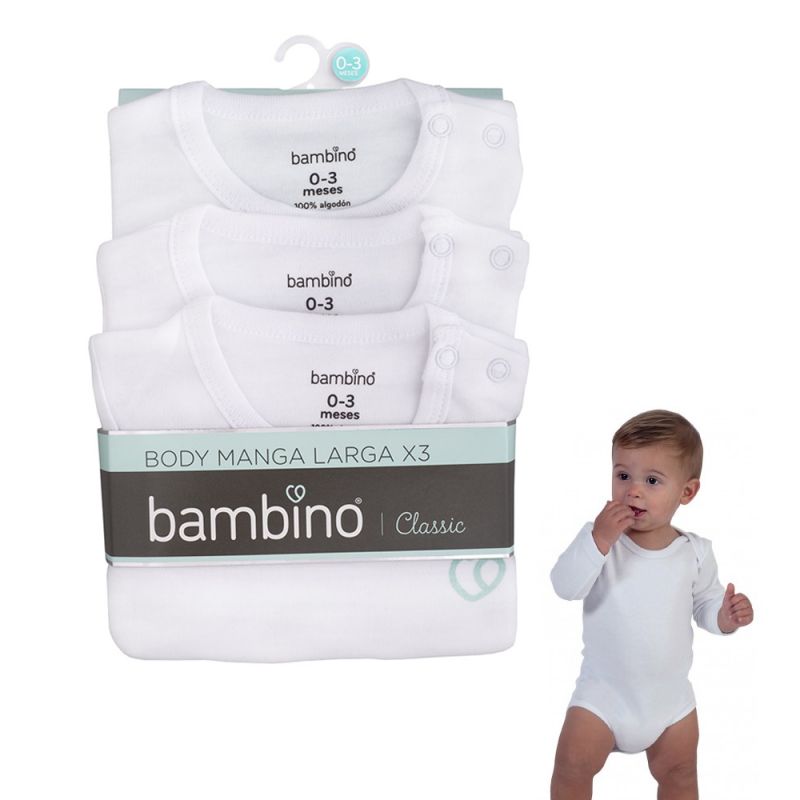 Bodys Manga Larga 3 Pzs Bebé Algodón Bambino Blanco