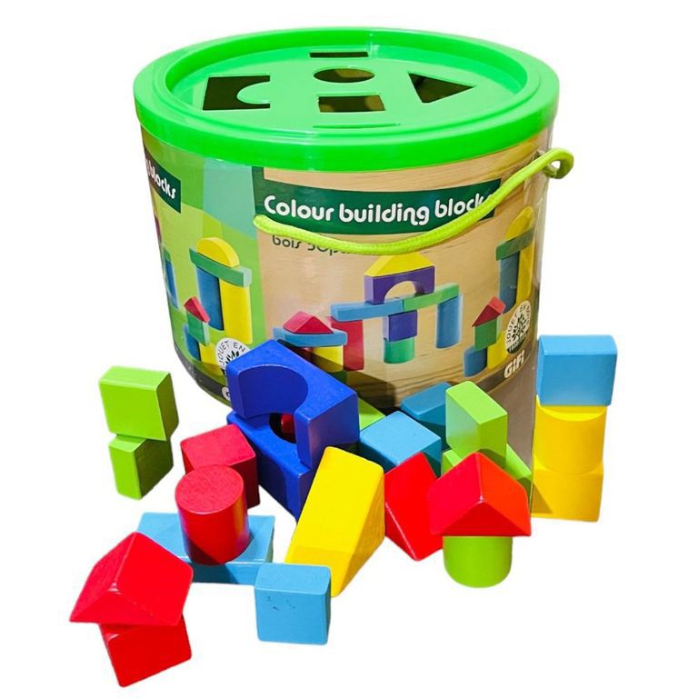 Juego Bloques De Construcción Madera Con Balde 50 Pzs