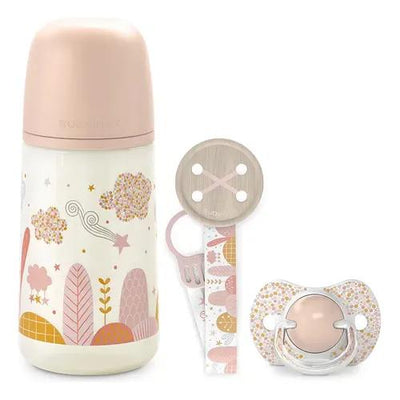 Set Regalo Mamadera 270ml +chupete 0-6m+broche Suavinex Rosa