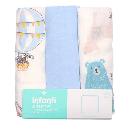 Pack 3 Tutos Infanti Algodón Muselina 75x75cm Celeste