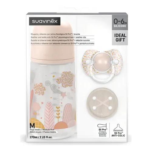 Set Regalo Mamadera 270ml +chupete 0-6m+broche Suavinex Rosa