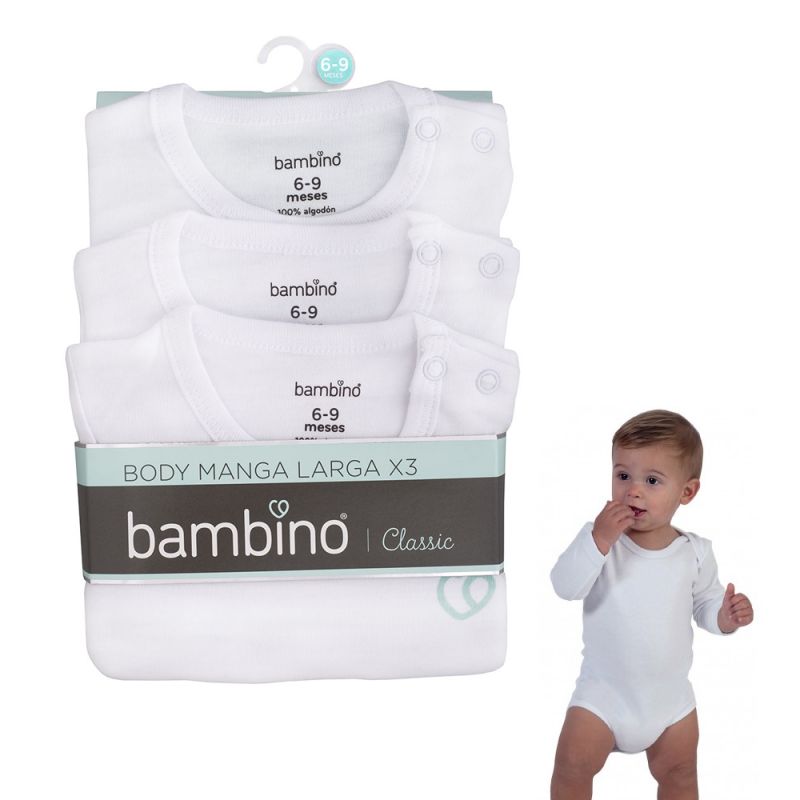 Bodys Manga Larga 3 Pzs Bebé Algodón Bambino Blanco