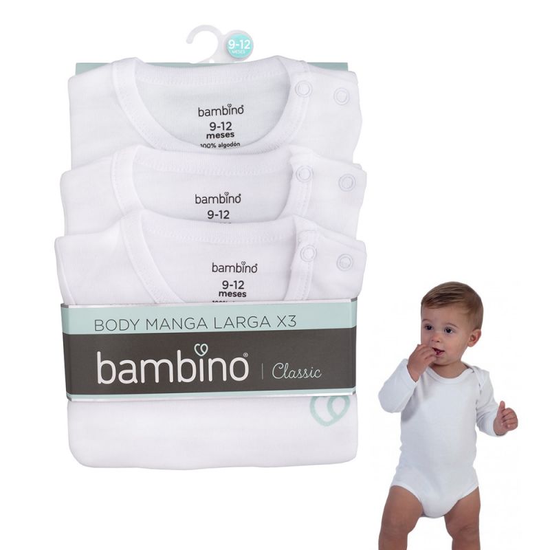 Bodys Manga Larga 3 Pzs Bebé Algodón Bambino Blanco