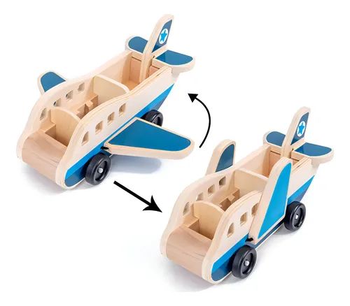 Juguete avion de madera didáctico con pasajeros y equipaje