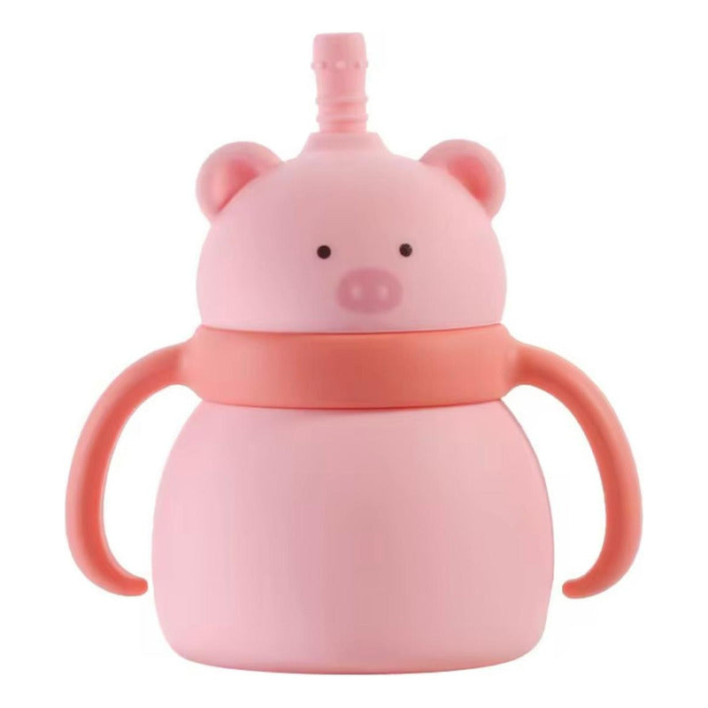 Vaso Con Bombilla Silicona Animalitos Rosa Claro Cerdito
