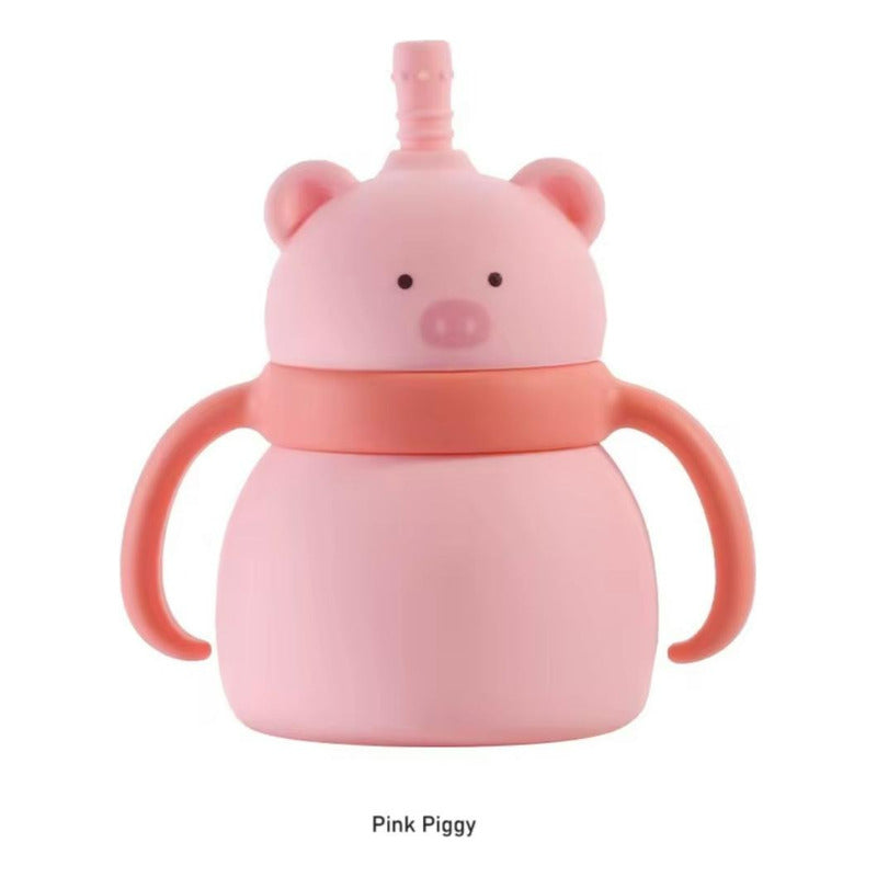 Vaso Con Bombilla Silicona Animalitos Rosa Claro Cerdito