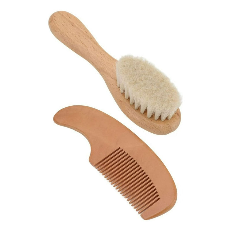 Cepillo Y Peine Madera Cerdas Suaves Para Bebés Marrón Claro