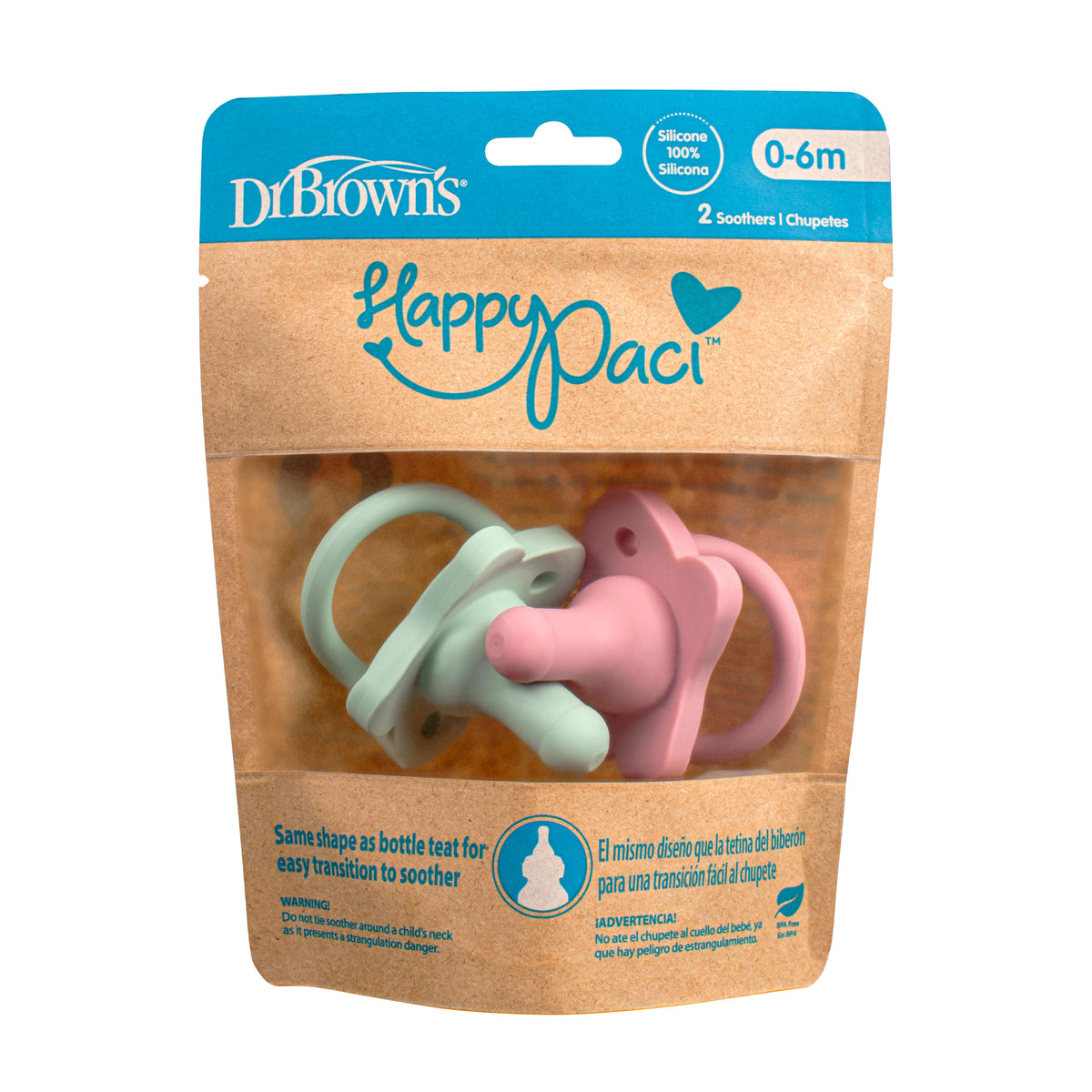 Chupete Silicona Dr Brown's 0-6 Meses Rosa Verde 2 Unid