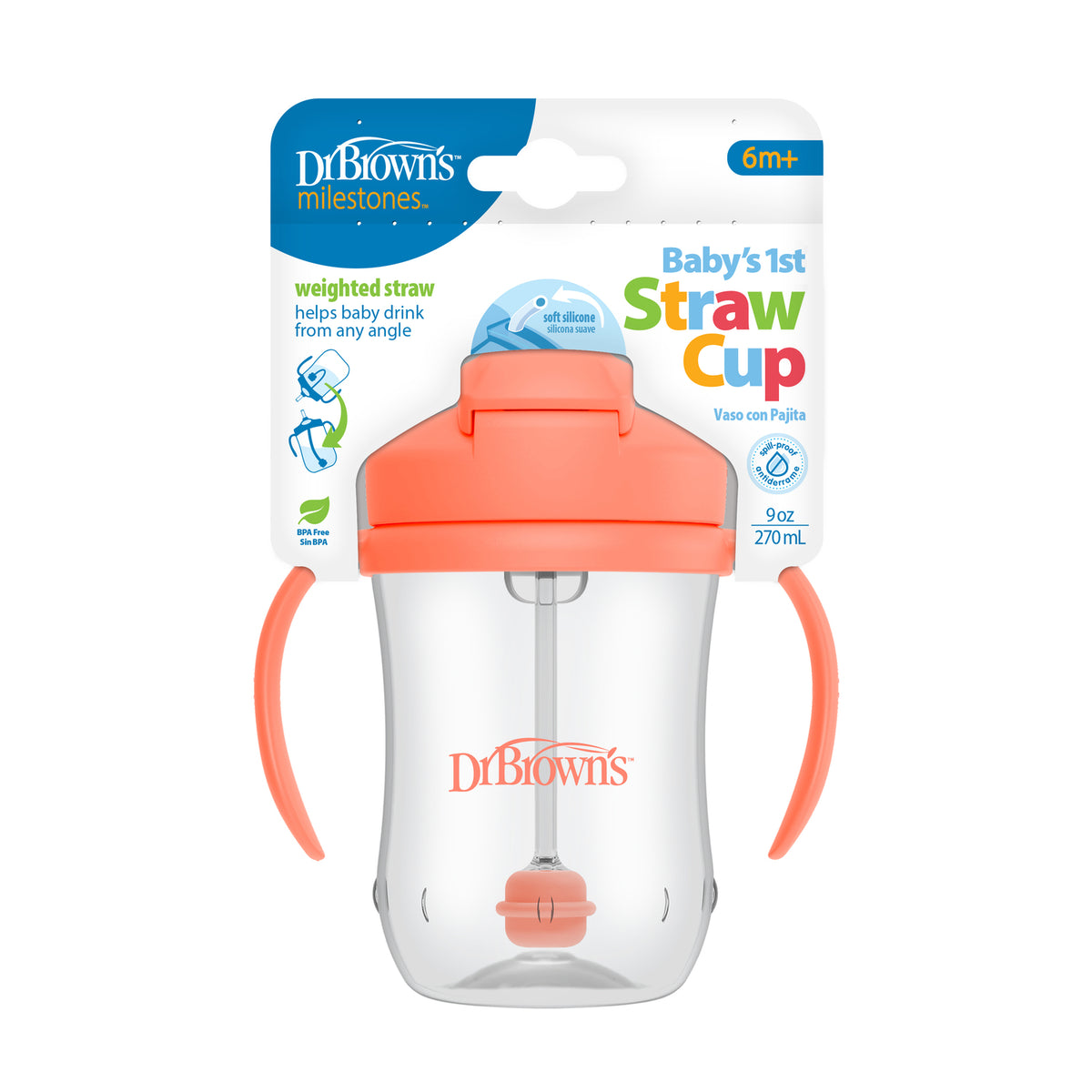 Vaso con asas y bombilla  270ml 6M+ Coral  Dr. Brown's
