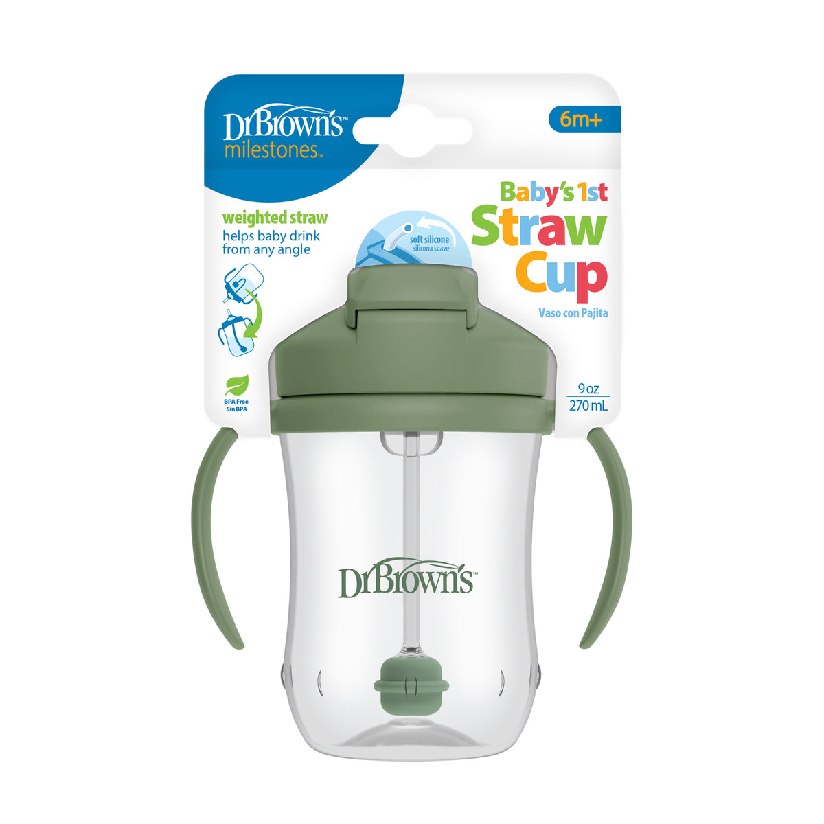 Vaso con asas y bombilla  270ml 6M+ Verde Musgo Dr. Brown's