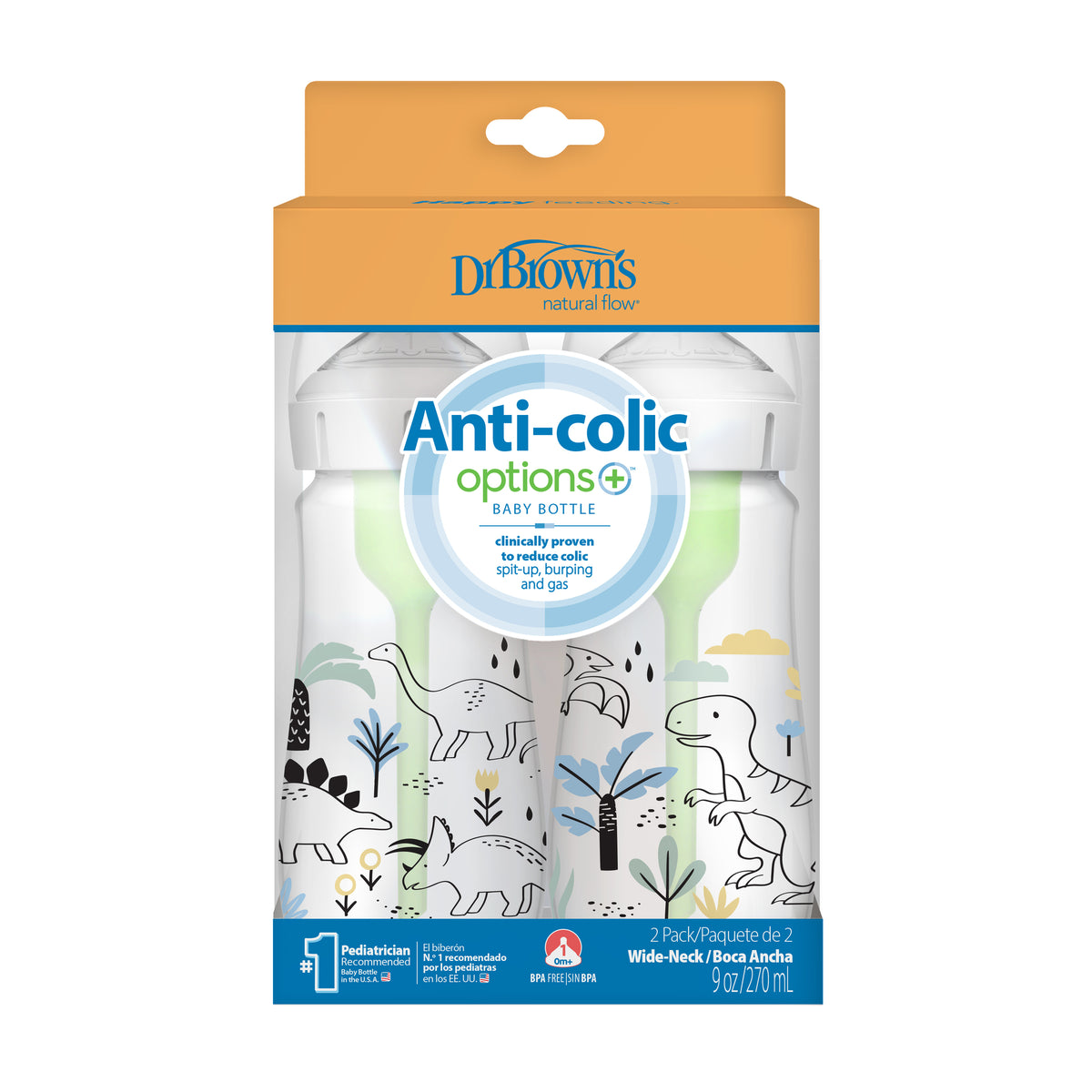 Pack 2 Mamadera Boca ancha Options+ 270ml Dinosaurios Dr. Brown's